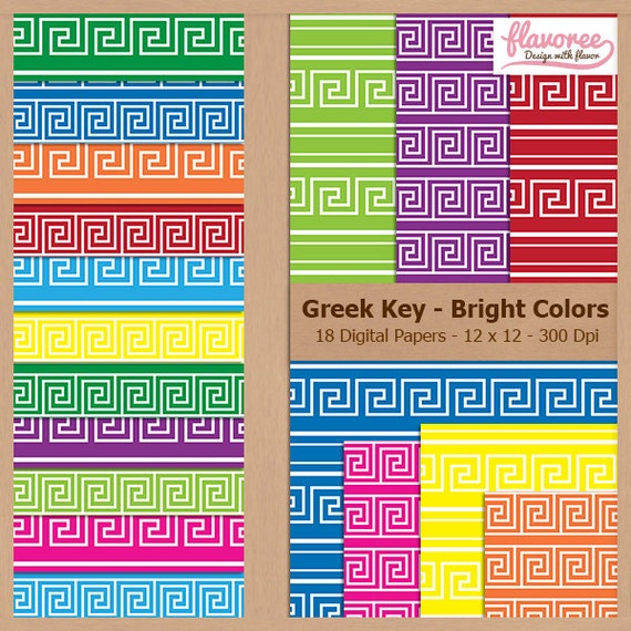 Digital Scrapbook Paper Pack - GREEK KEY PATTERN - Bright colors - Instant Do...