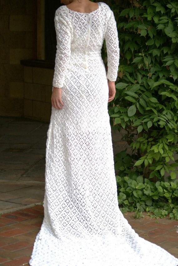 Items similar to Amazing hand crocheted Wedding dress with train ,white