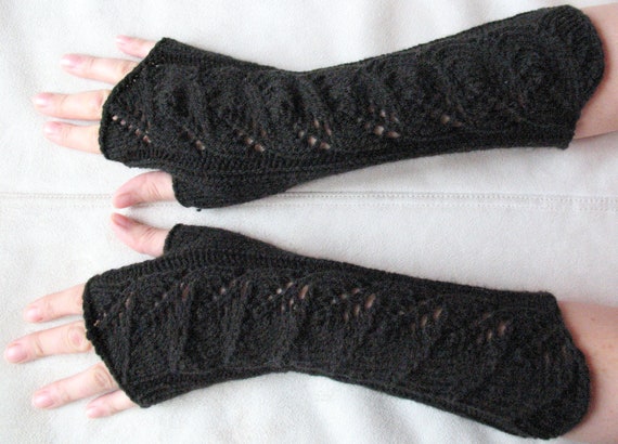 Long Fingerless Gloves Mittens Black 11" Arm Warmers, Acrylic