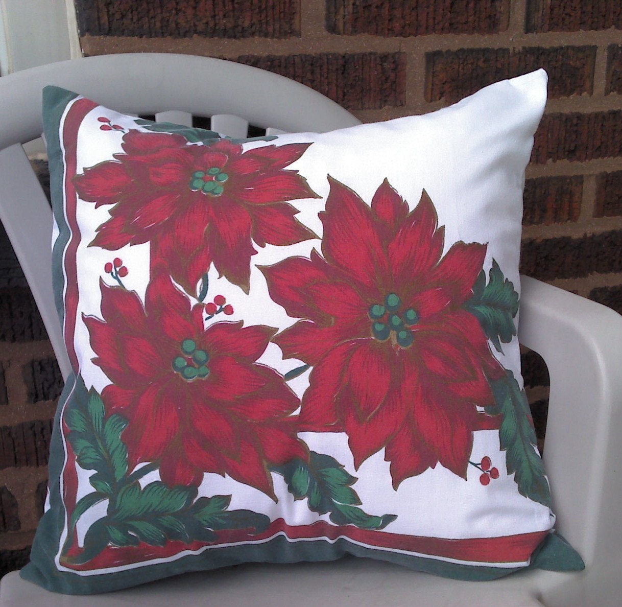 Christmas Throw Pillow Cover Red Poinsettias Upcycled 18