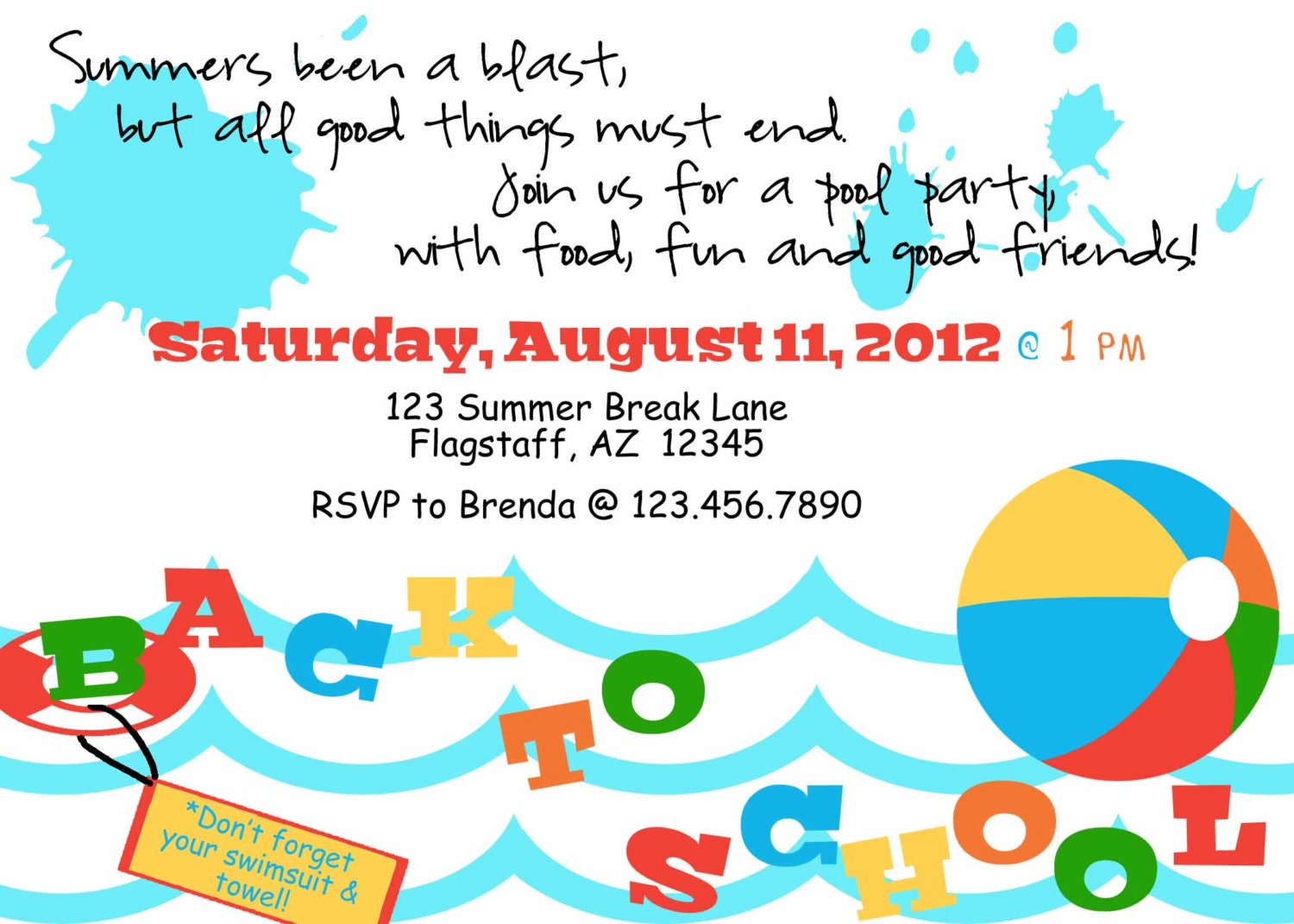 Back To School Pool Party Invitation Wording 1