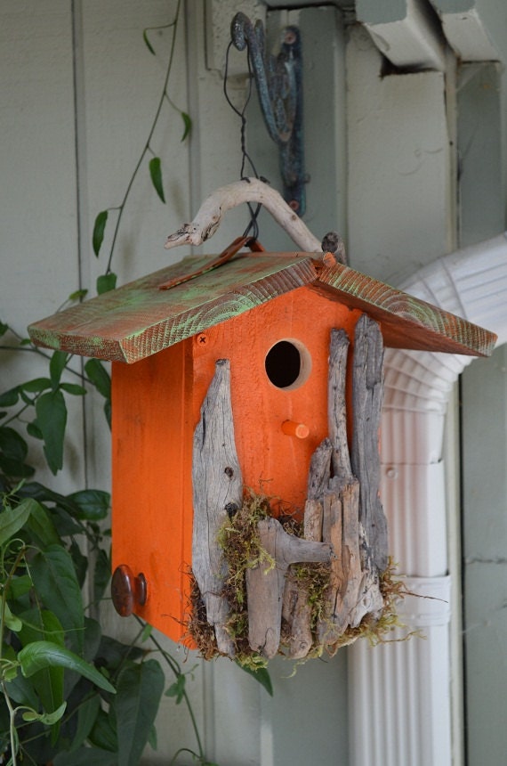 Beach Birdhouse Bungalow Orange &amp; Brown / Hanging Seaside Bird