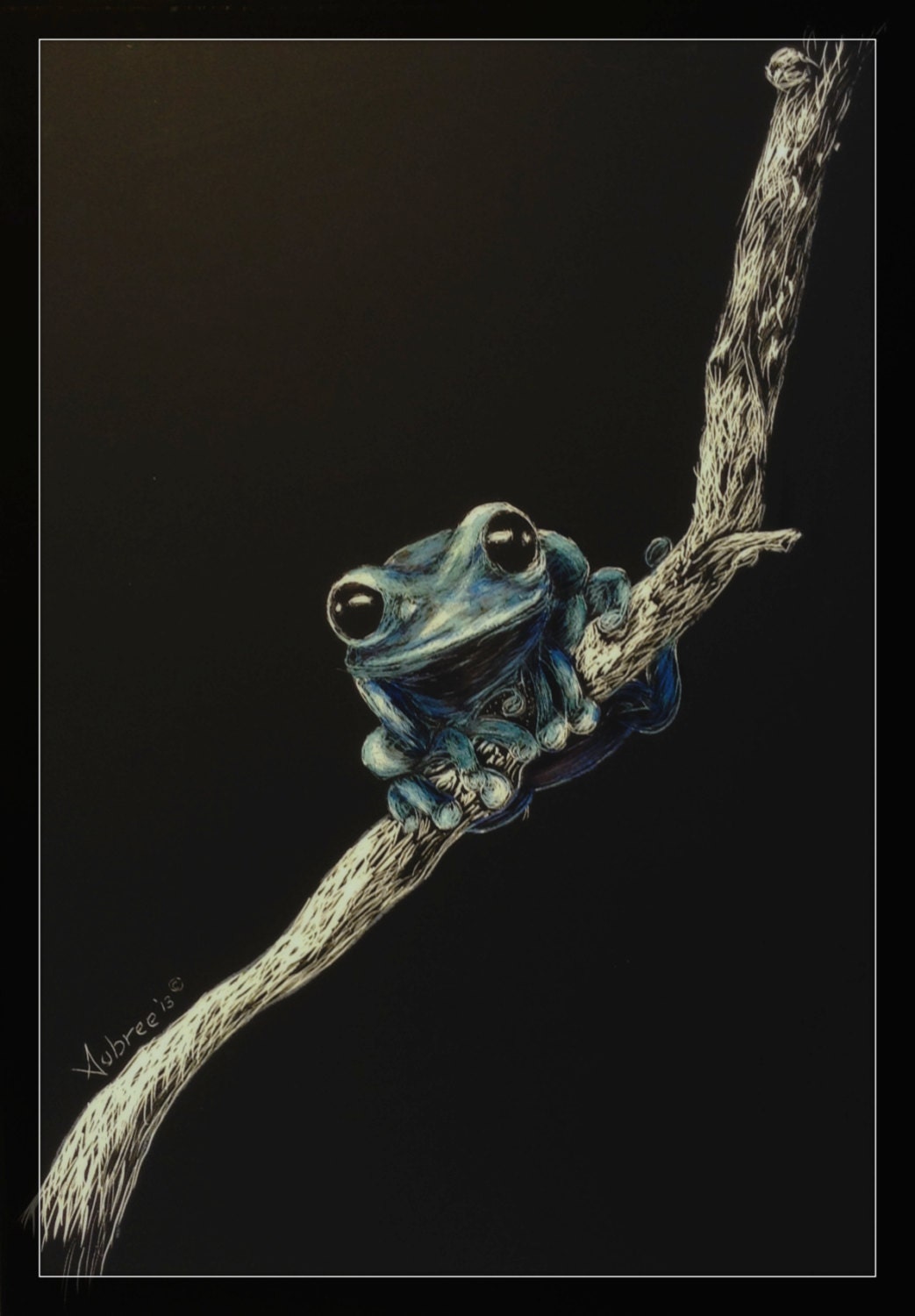 Blue Tree Frog Frog on a Branch Whimsical Scratchboard