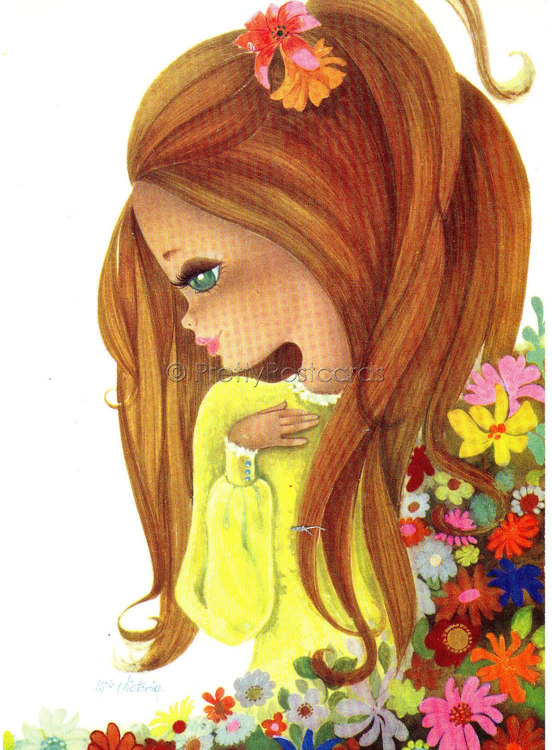 Beautiful Girl With Flowers Vintage 70s Postcard With A Big