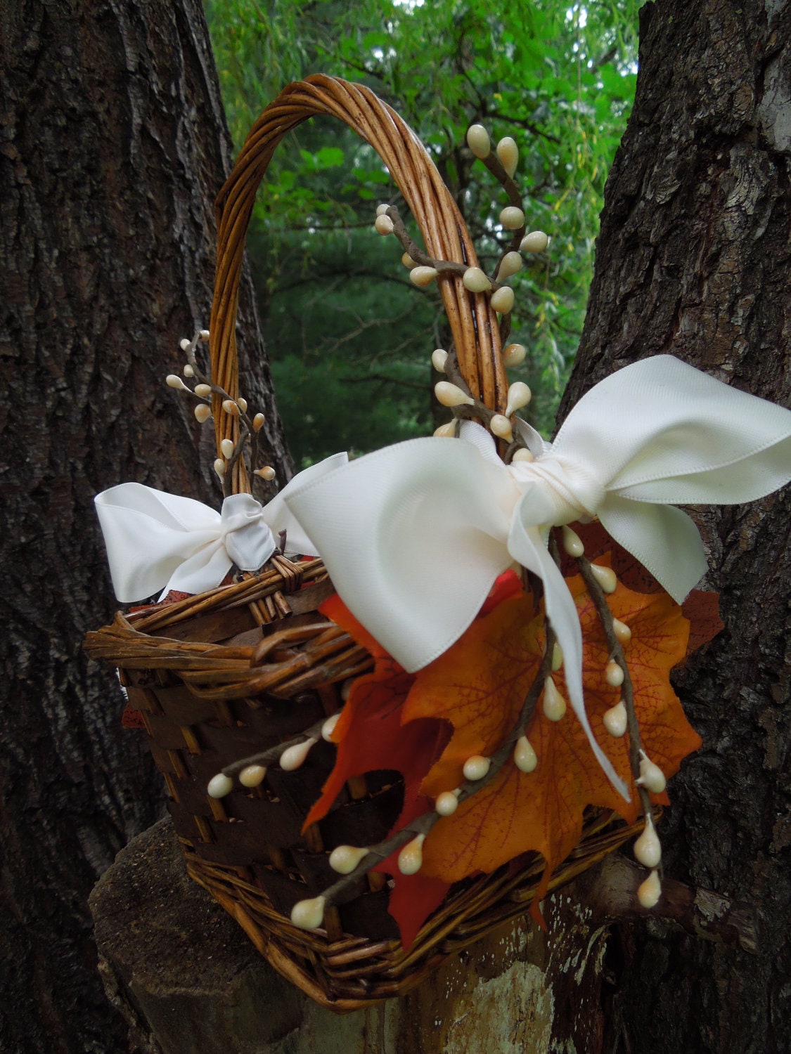 Fall Wedding Flower Girl Basket orange and ivory by TellableDesign
