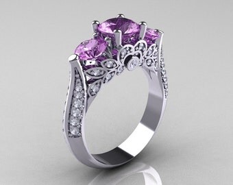 Classic 14K White Gold Three Stone Diamond Lilac Amethyst Solitaire Ring R200-14KWGDLA