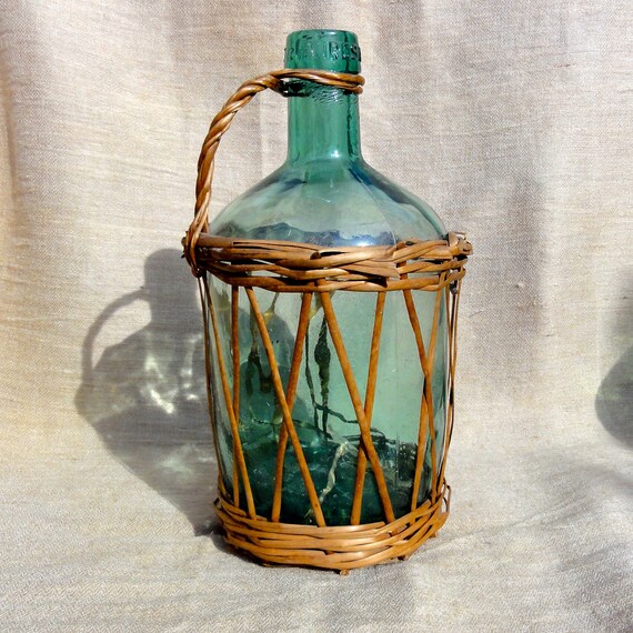 Vintage Wine Bottle in Wicker Basket Glass by oldamsterdam on Etsy