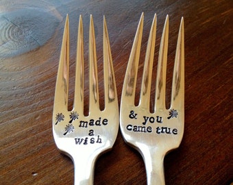 Made A Wish & You Came True Fork Set (TM) - Wedding Cake - Hand Stamped - Vintage Wedding - 2012 Original by forsuchatimedesigns