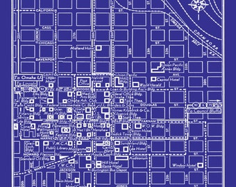 1949 Vintage Map of Downtown OMaha Blueprint Map Print Poster
