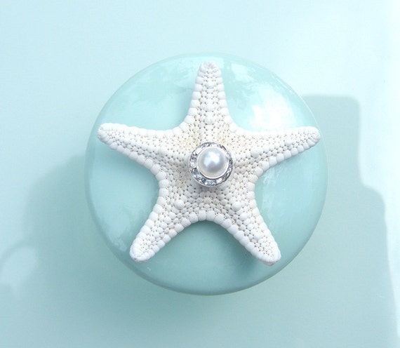 Knobs - Sea glass Mint Seashell Starfish Knobs with Swarovski Crystal and pearl rhinestone
