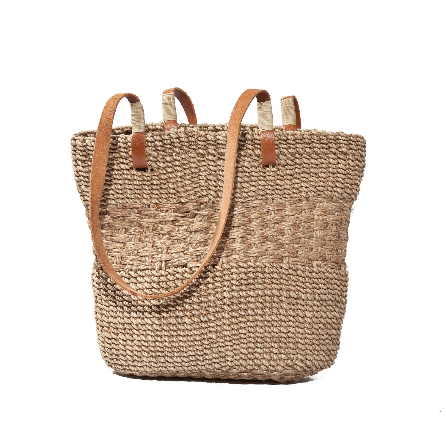 Small Sisal Woven Bag Beige Straw Tote Brown Leather Shoulder