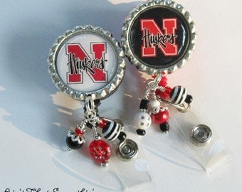 Nebraska Huskers Inspired Retractable Badge Reel - Sports Badge Reel - Football ID Holder - Beaded Badge Pulls - Cute ID Reels
