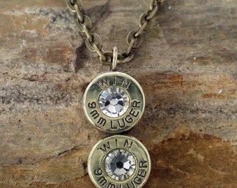 Winchester Bullet Jewelry - Bullet Necklace - Win 9mm - Crystal