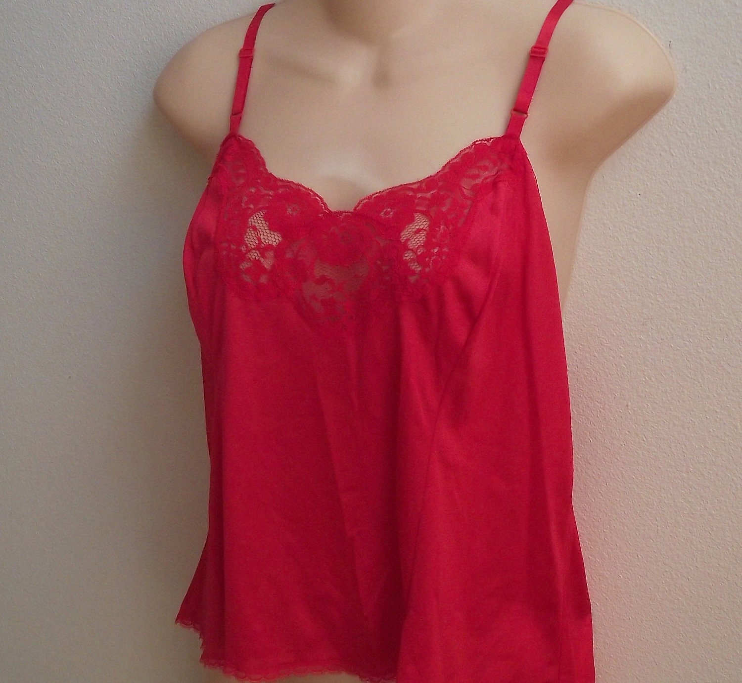 Vintage slip cami camisole red lace & nylon 38 by divasvintage