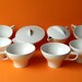 Space age coffee cups, creamer, sugar bowl - mod vintage set from Mallory