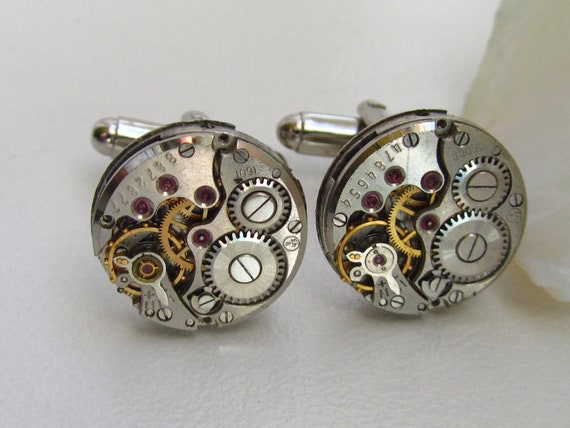 Cufflinks with the smallest round vintage watch movements. Vintage upcycled mens Cuff Links, Gift under 30 Dollars by Timewatch steampunk buy now online