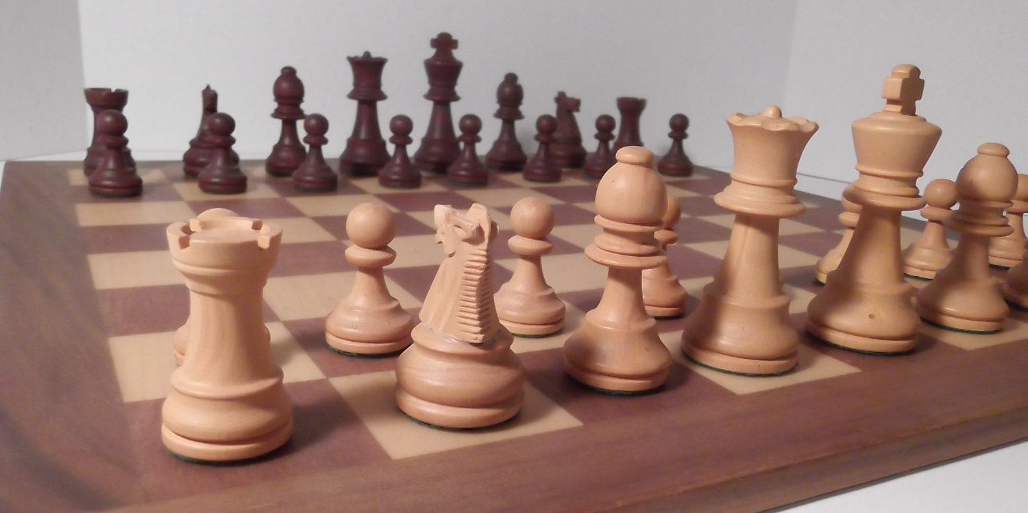 Vintage Hand Carved Chess Set with Wooden Chess Board / France