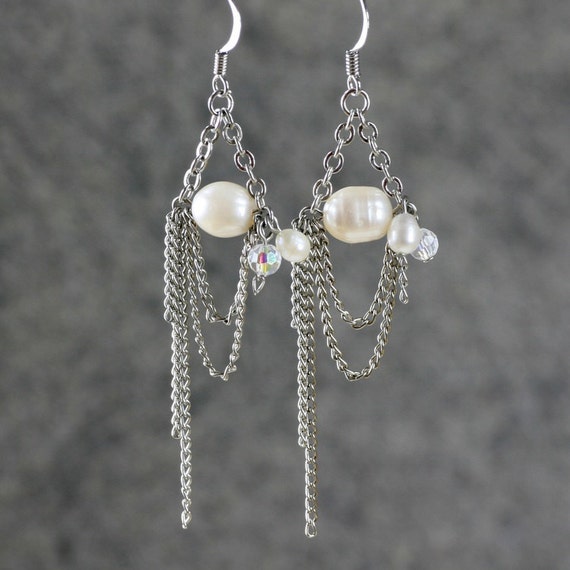 Pearl chain dangling chandelier earrings Bridesmaids gifts