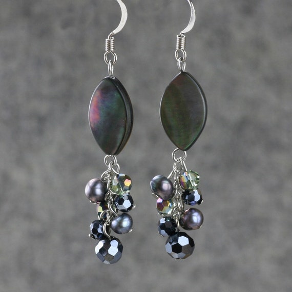 Gray abalone shell dangling chandelier Earrings by AnniDesignsllc