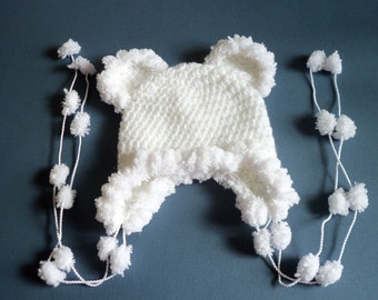 Baby Girl Hat, Crochet Baby Girl Hat, White Earflap Hat, Newborn, Infant, Baby Girl
