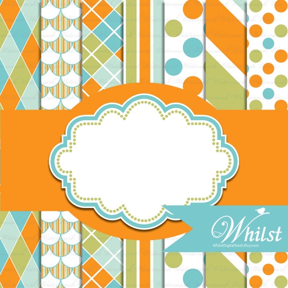 SALE Blue Paper Digital printable pack in orange green aqua for scrapbooking : p0220 3s061222 Il_570xn