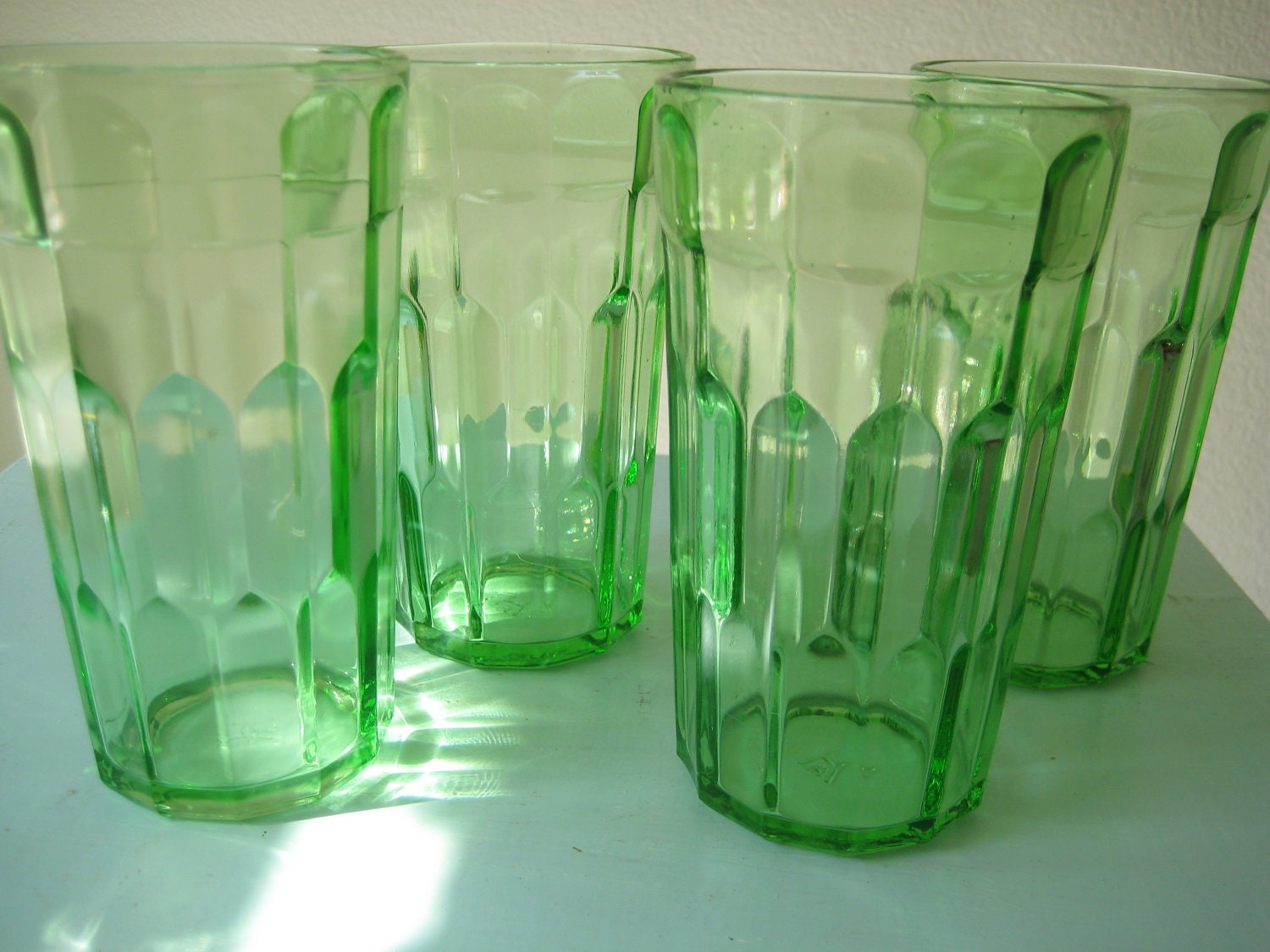 Four RARE Beautiful Green Depression Glass Uranium....Glowing