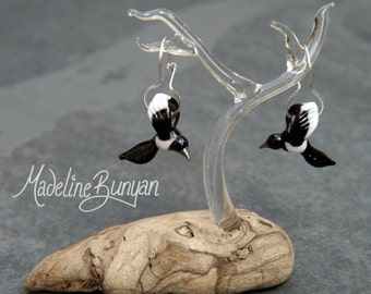 MADE TO ORDER Magpie Sculpted Bird and Sterling Silver Lampwork Bead Earrings
