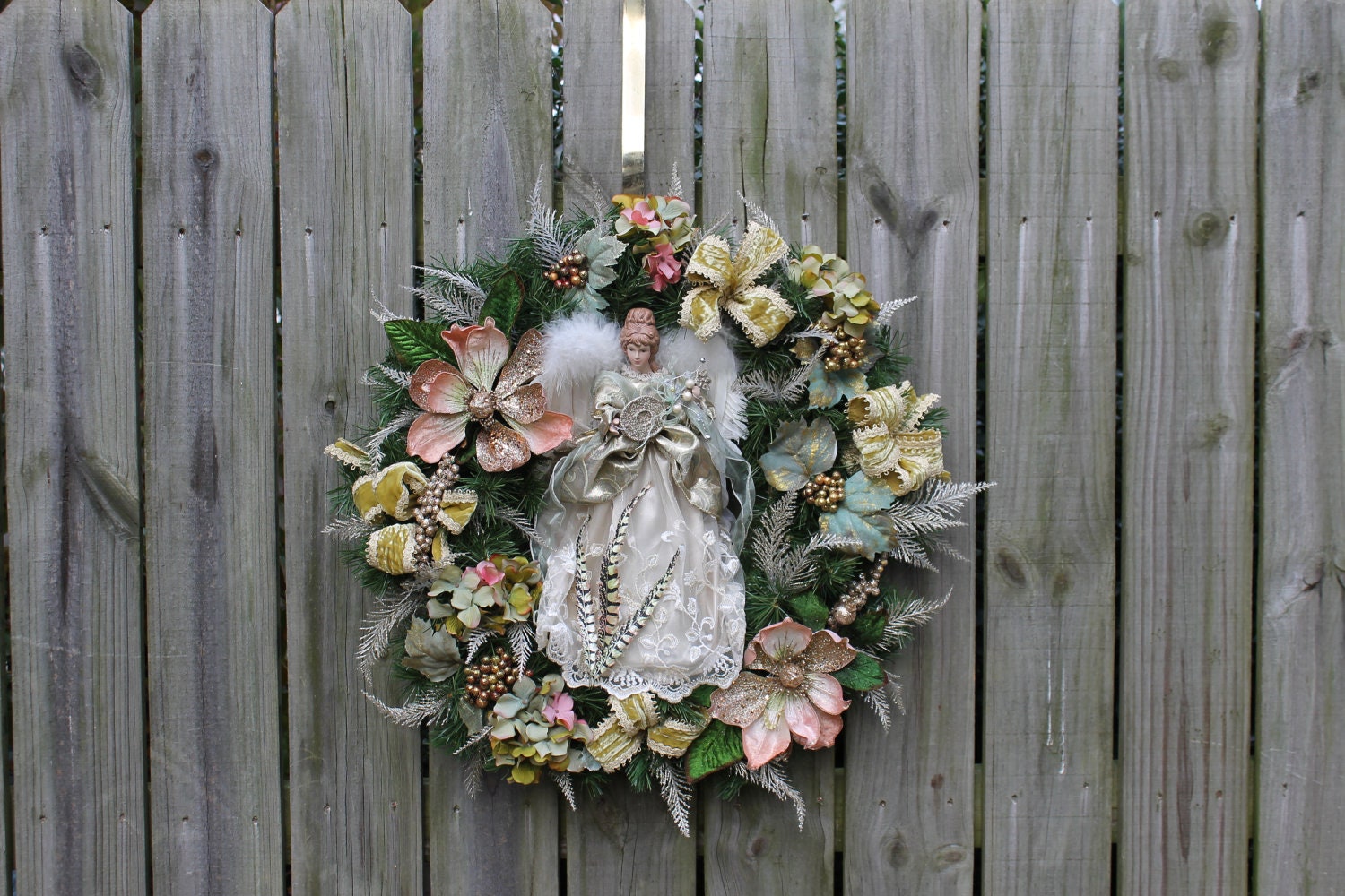 Beautiful Victorian Angel Wreath Large and very Full of Top of the Line Florals Martha Stewart Ribbon