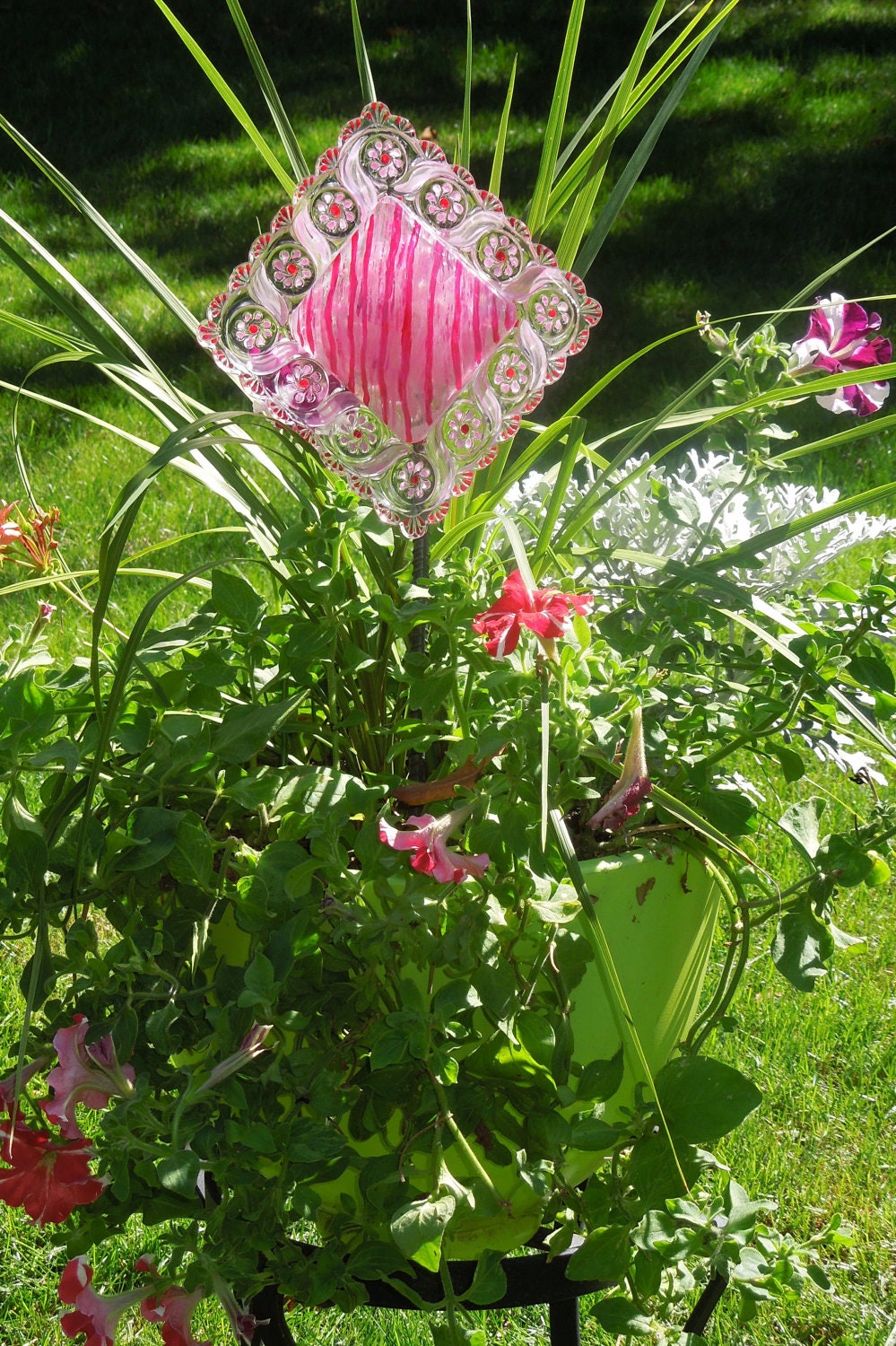 Glass Plate Garden art and Yard art with recycled glass on