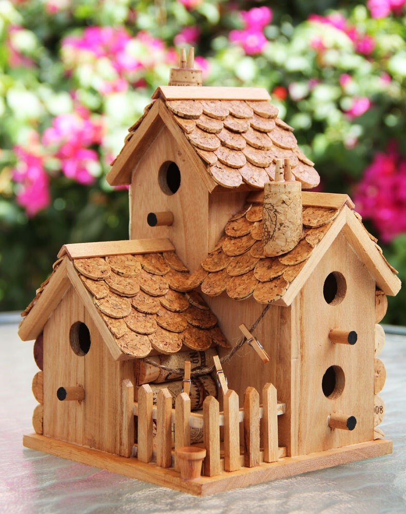 Triple birdhouse wood and wine corks