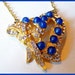 Blue Moonstone Vintage Heart Pendant w Clear Rhinestones & Gold Metal Chain 16" VG