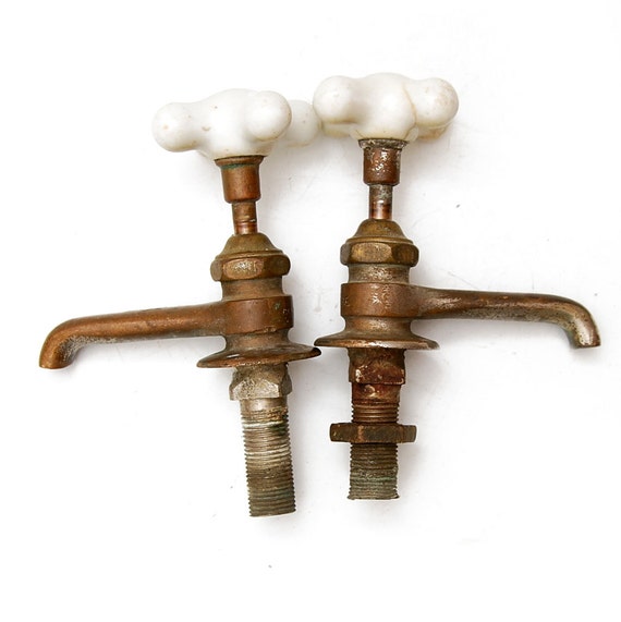 Vintage Antique Pair Faucets Porcelain Cross Style Brass