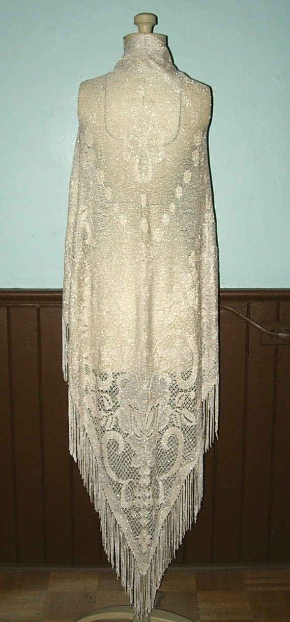 Vintage Net Lace Shawl Metallic Gold Thread-Ecru 6