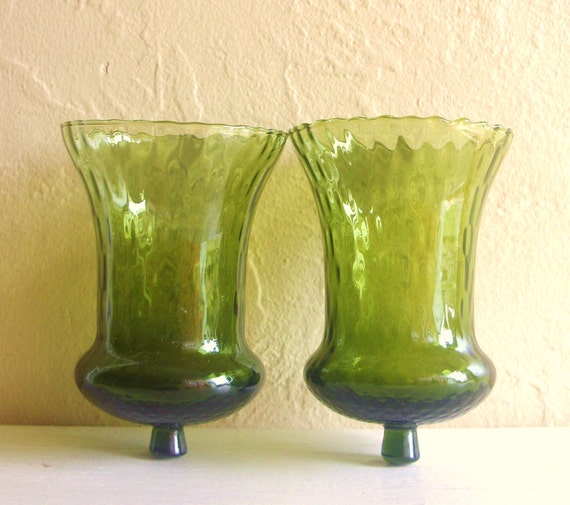 Emerald Green Glass Candle Holders for Wall Sconces Pair