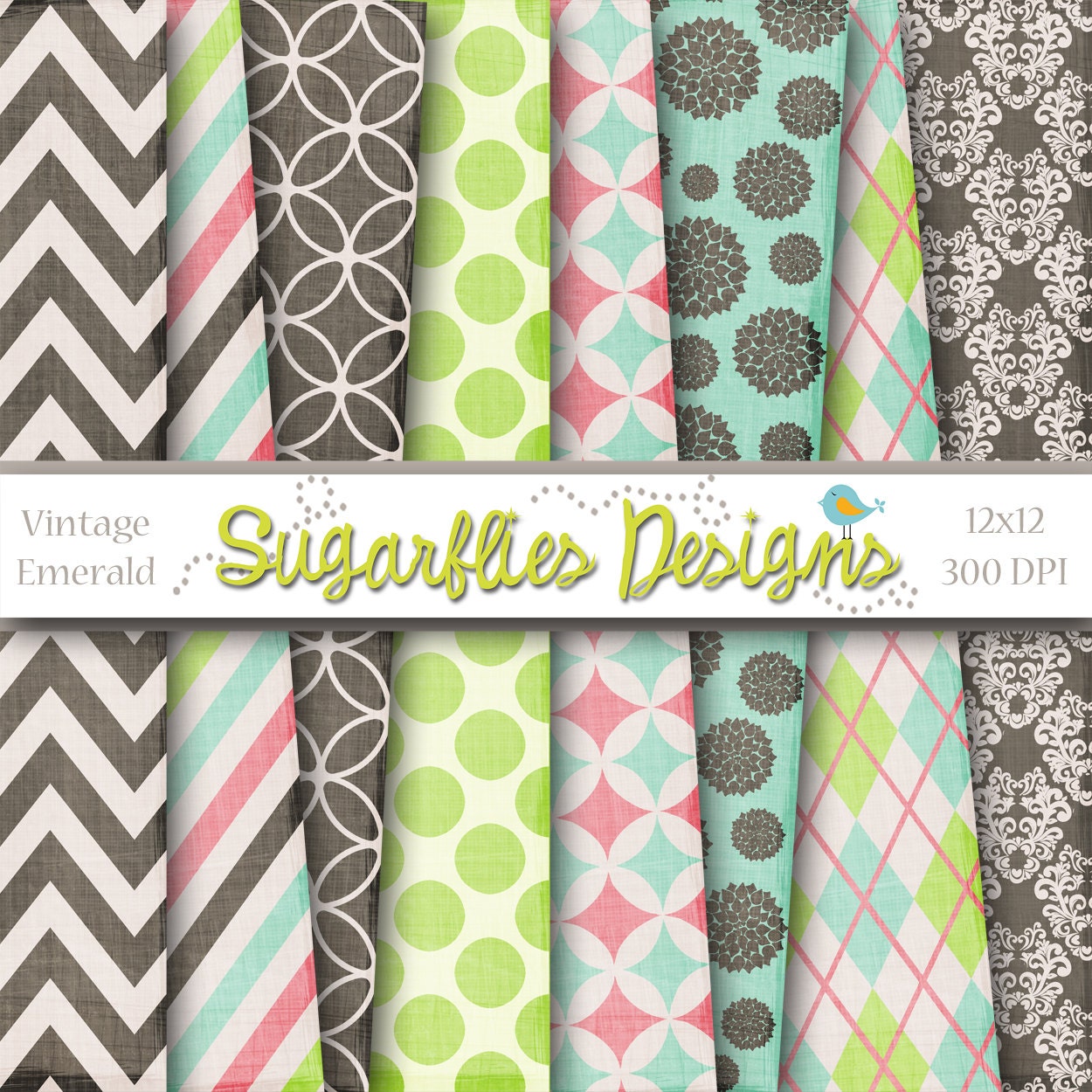 Digital Scrapbook Paper Packs VINTAGE EMERALD