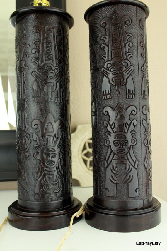 Vintage Hawaiian Tiki Lamp Set Bohemian Style Mahogany