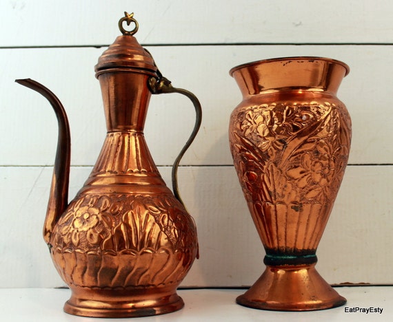 Vintage Copper And Brass Pitcher And Vase Set Made In Turkey 3054