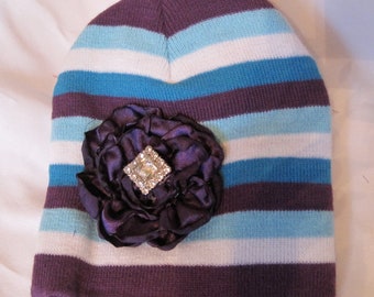 Beanie Toddler Striped with Purple Satin Open Rose and a Rhinestone Accent Fits Up to 6 Months or Larger