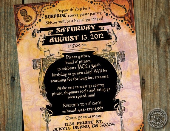 Pirate Costume Surprise Birthday Party Invitation - with pirate ship and skull and crossbones with steampunk element - Goonies inspired Il_570xn