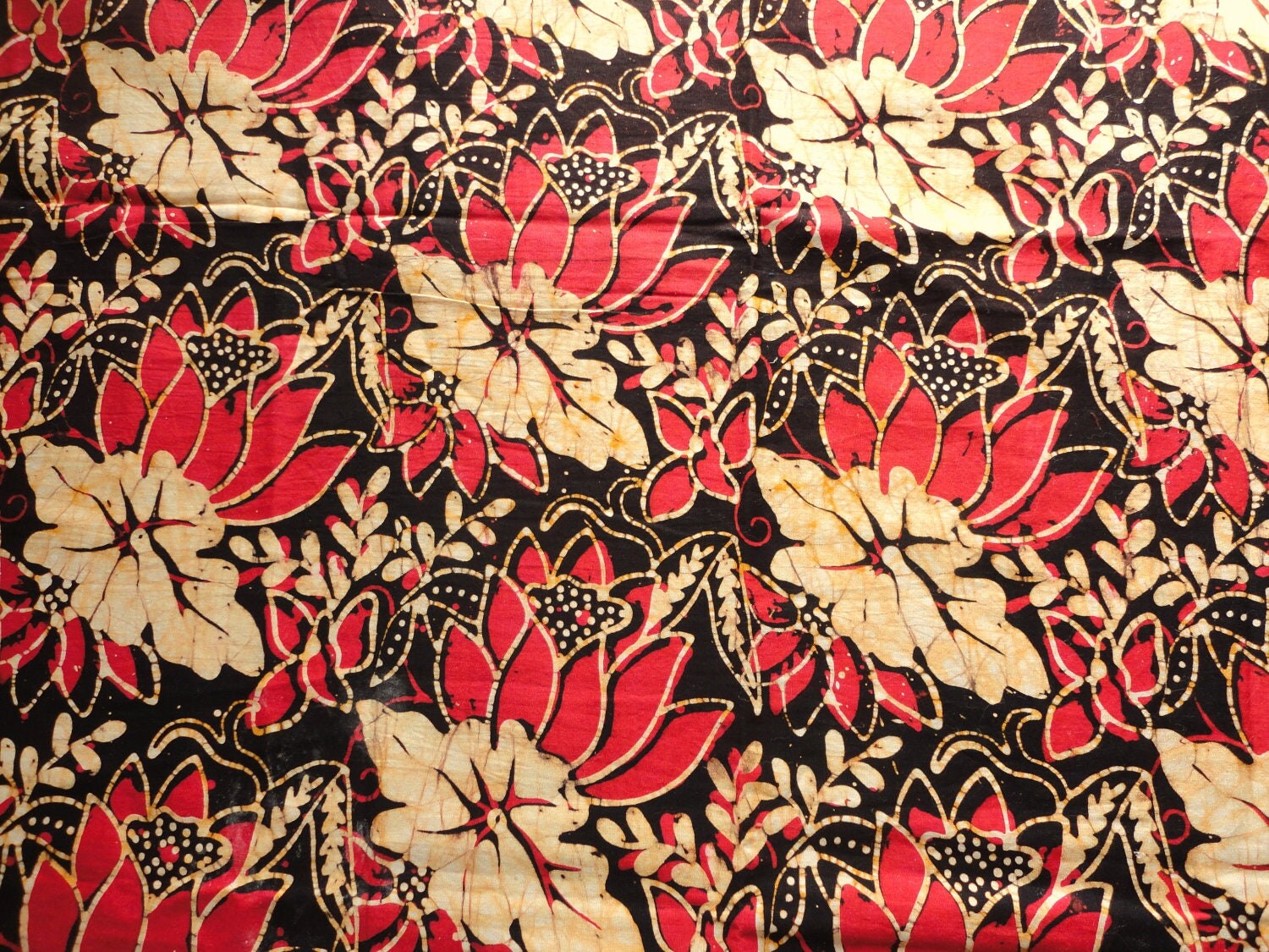 red and brown  floral  print cotton batik  fabric 43 wide by