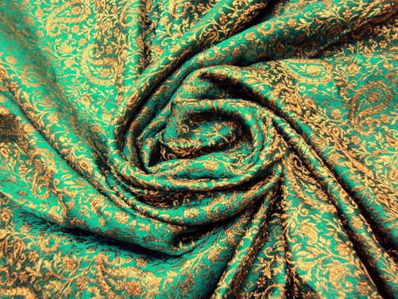 Items similar to Green Silk Brocade Fabric with Golden Paisleys Fat ...