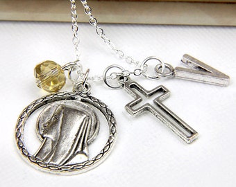 Personalized Virgin Mary Necklace with Your Initial and Birthstone