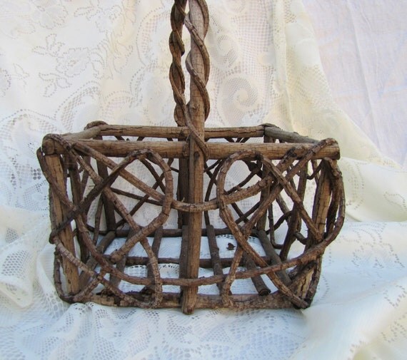 Antique Hand Woven Grapevine Basket Large with Handle