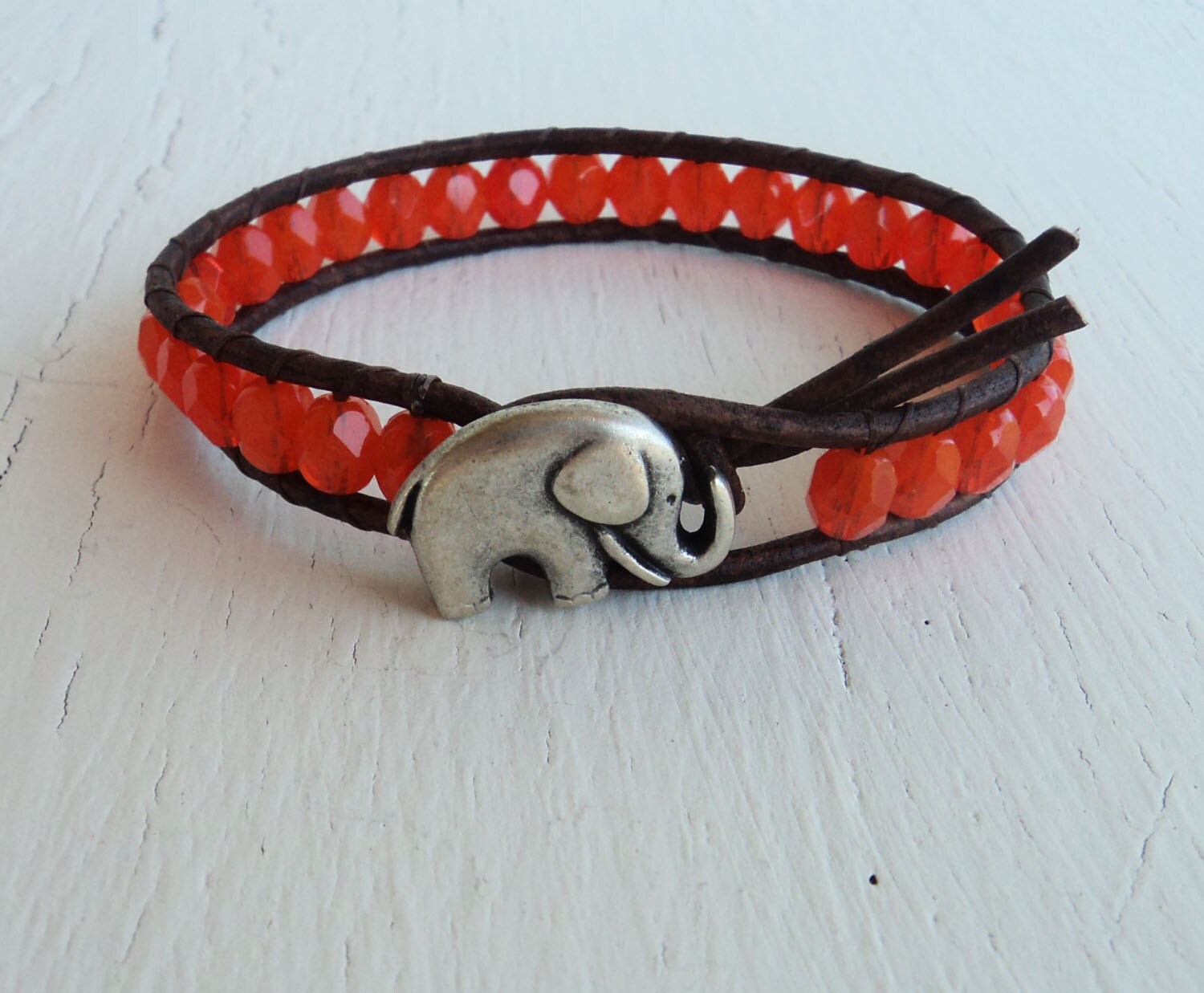 Elephant Bracelet Orange Leather Wrap Bracelet by thehummingbead