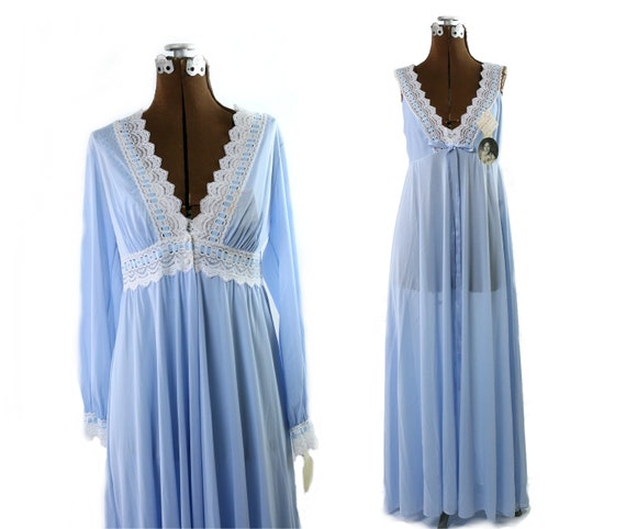 1960s 1970s Long Nylon Nightgown and Robe / S M 36