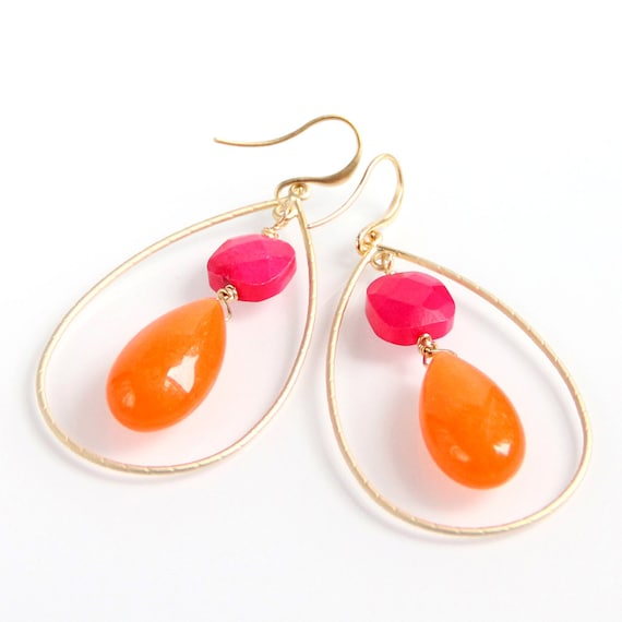 Pink & Orange Earrings Hot Pink Chalcedony Orange Jade