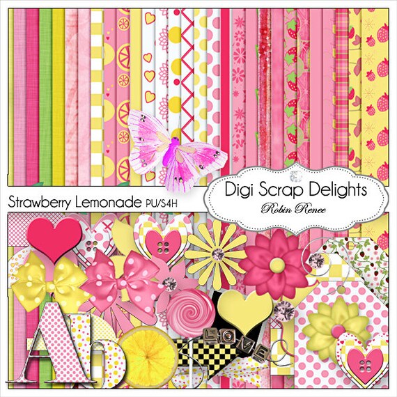 Items similar to Pink &Yellow Digital Scrapbook Kit ...