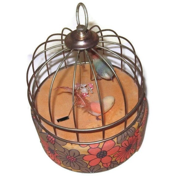 Vintage Automated Bird Cage Jewelry Music Box With A Swinging