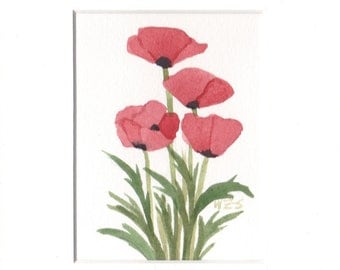Red Poppies Original Watercolor by Wanda"s Watercolors 5" by 7" Matted 1