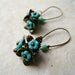 Teal Flower Earrings, Glass Flower Earrings, Flower Jewelry, Beaded Earrings, Wire Wrapped Earrings, Antique Brass Accents. FDE7